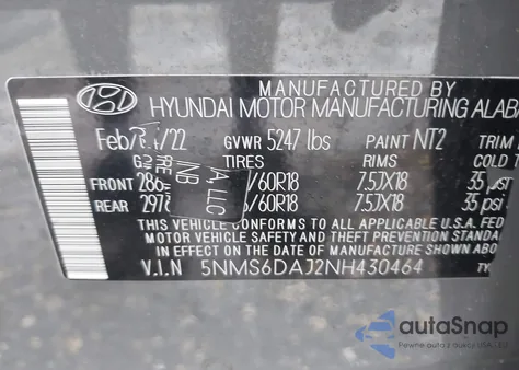 2022 Hyundai Santa Fe Sel из США, поврежденный, VIN 5NMS6DAJ2NH430464